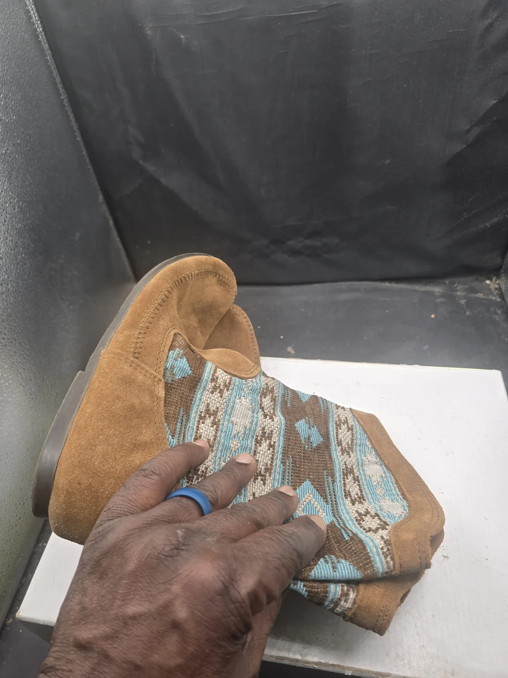 Minnetonka‎ Brown Suede Ankle Boots with Teal Geometric Accent